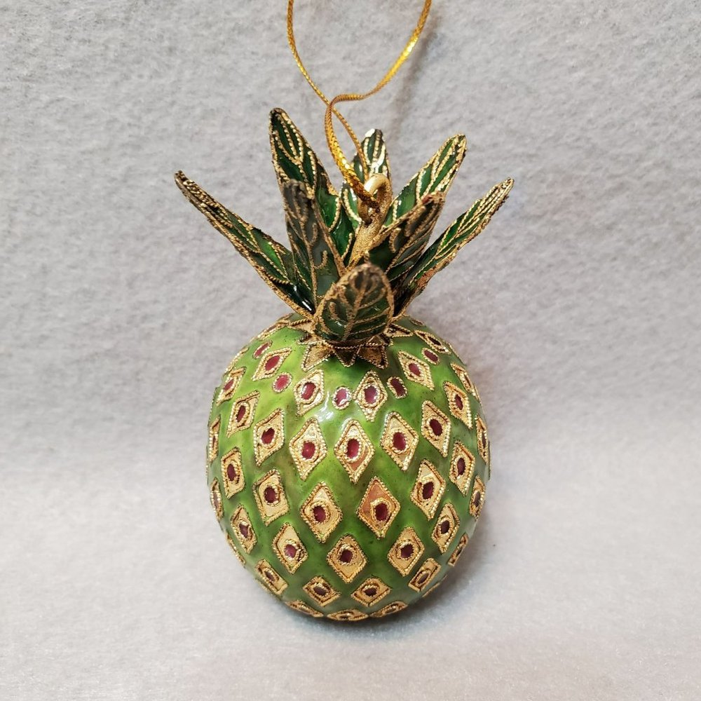 Pineapple Cloisonne Ornament, Green Gold Enamel Metal Fruit Christmas Decoration